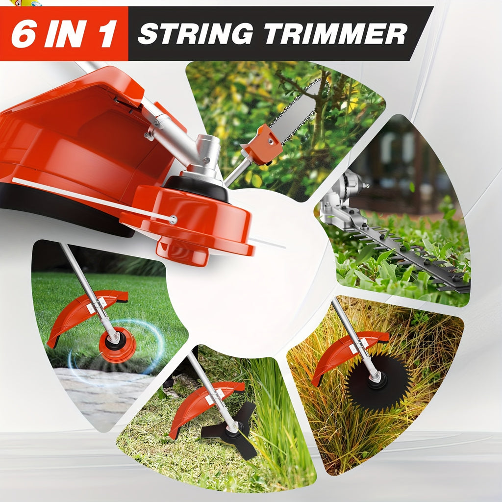 52cc 6-in-1 Gas Powered Weed Eater with Hedge Trimmer & Pole Saw - Multi-Attachment Brush Cutter, 2-Stroke Lightweight Trimming Machine for Yard Maintenance