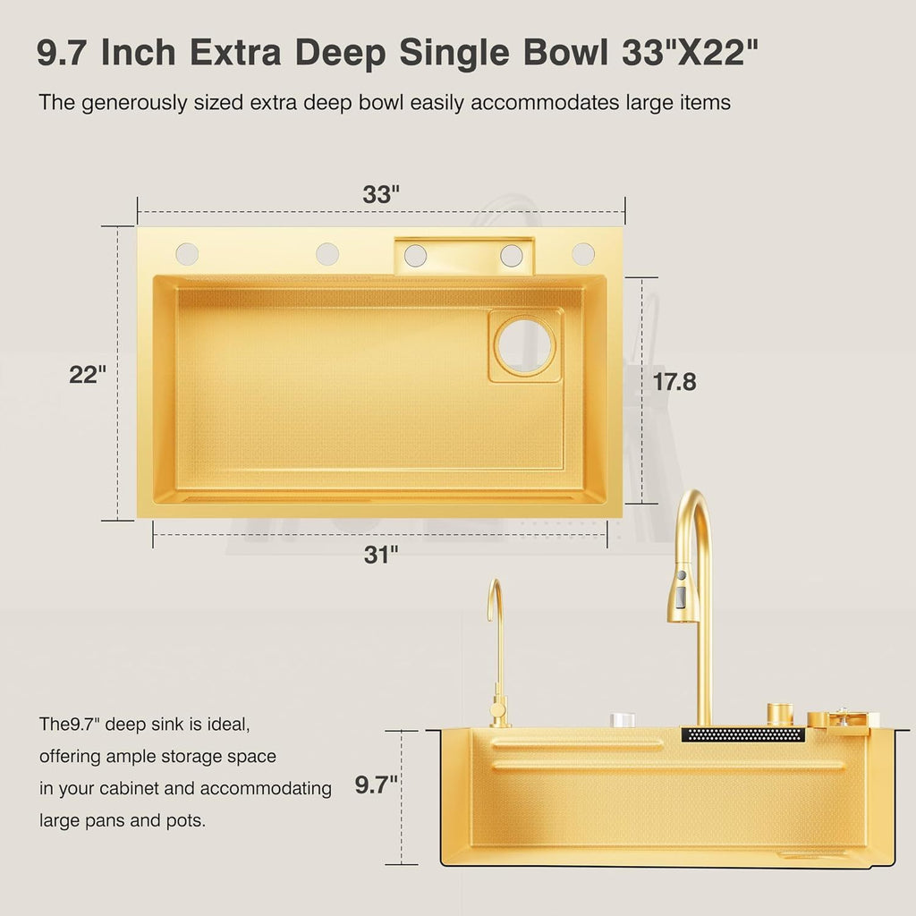 33x22 INCH Gold Flying Rain Drop In Stainless Steel Watefall Kitchen Sink Single Bowl with Pull Down Faucet Set