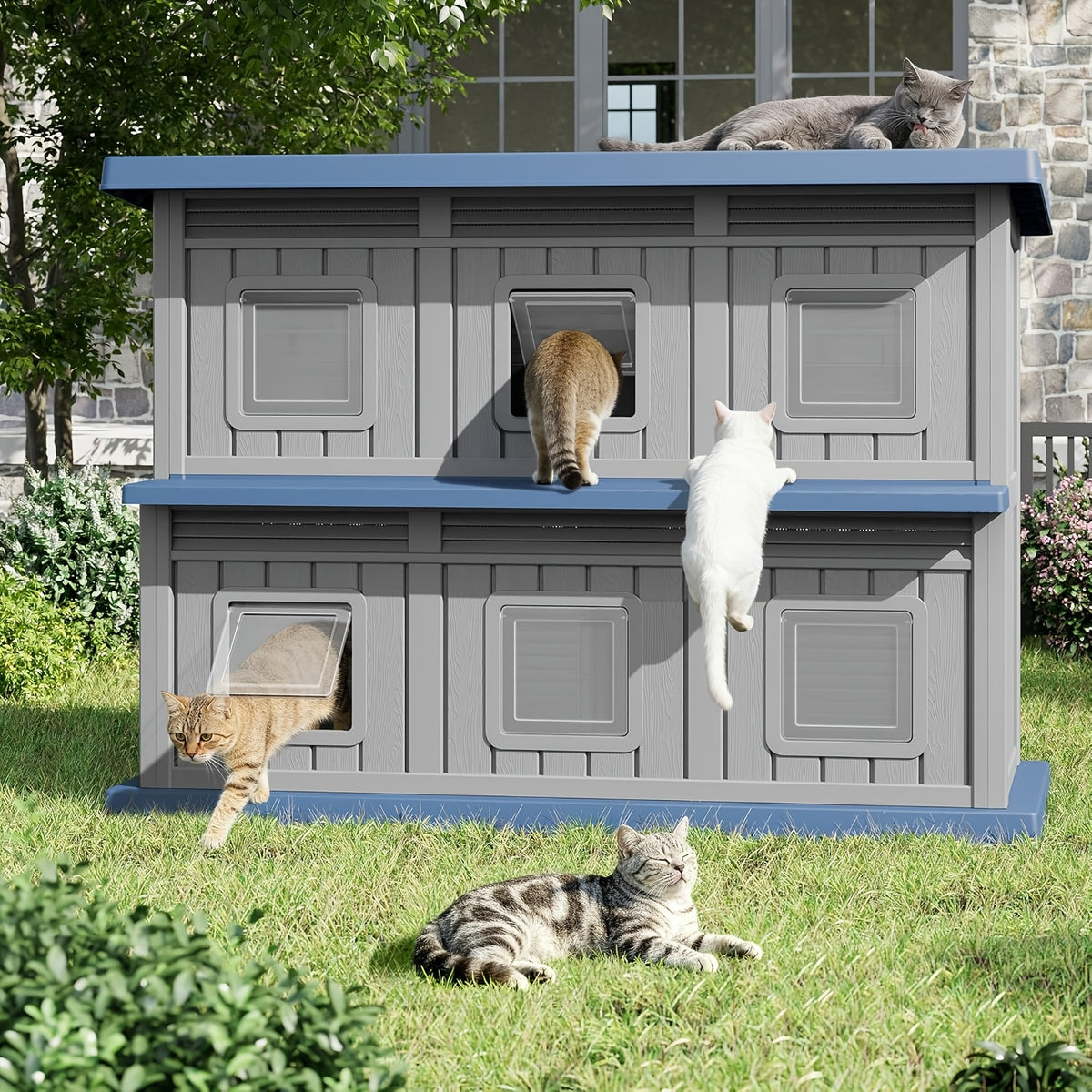 Double - Layer Stray Cat Apartment- with Two Floors And Multiple Small Windows, Large Space And Good Ventilation. for Stray Cats. Solid Structure, Gray - Black Color, Cozy Shelter for Stray Cats to Rest And Safe. Double Layer Cat House.