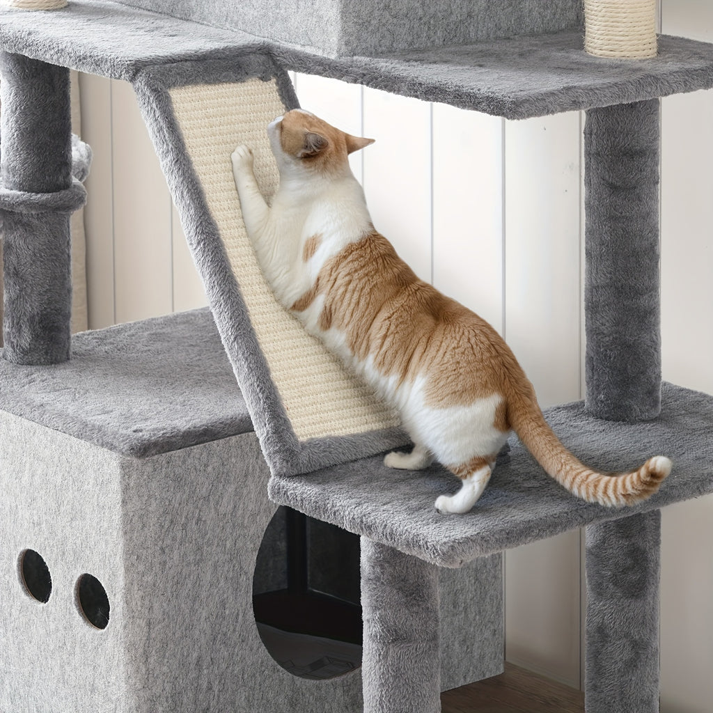 Double Litter Box Enclosure with Cat Tree, 45.3"L X 17.7"W X 68.9"H All-In-One Modern Cat Tower with Cat Bed, Hidden Litter Box Enclosure Furniture, with Hammock, Sisal Posts, Greige