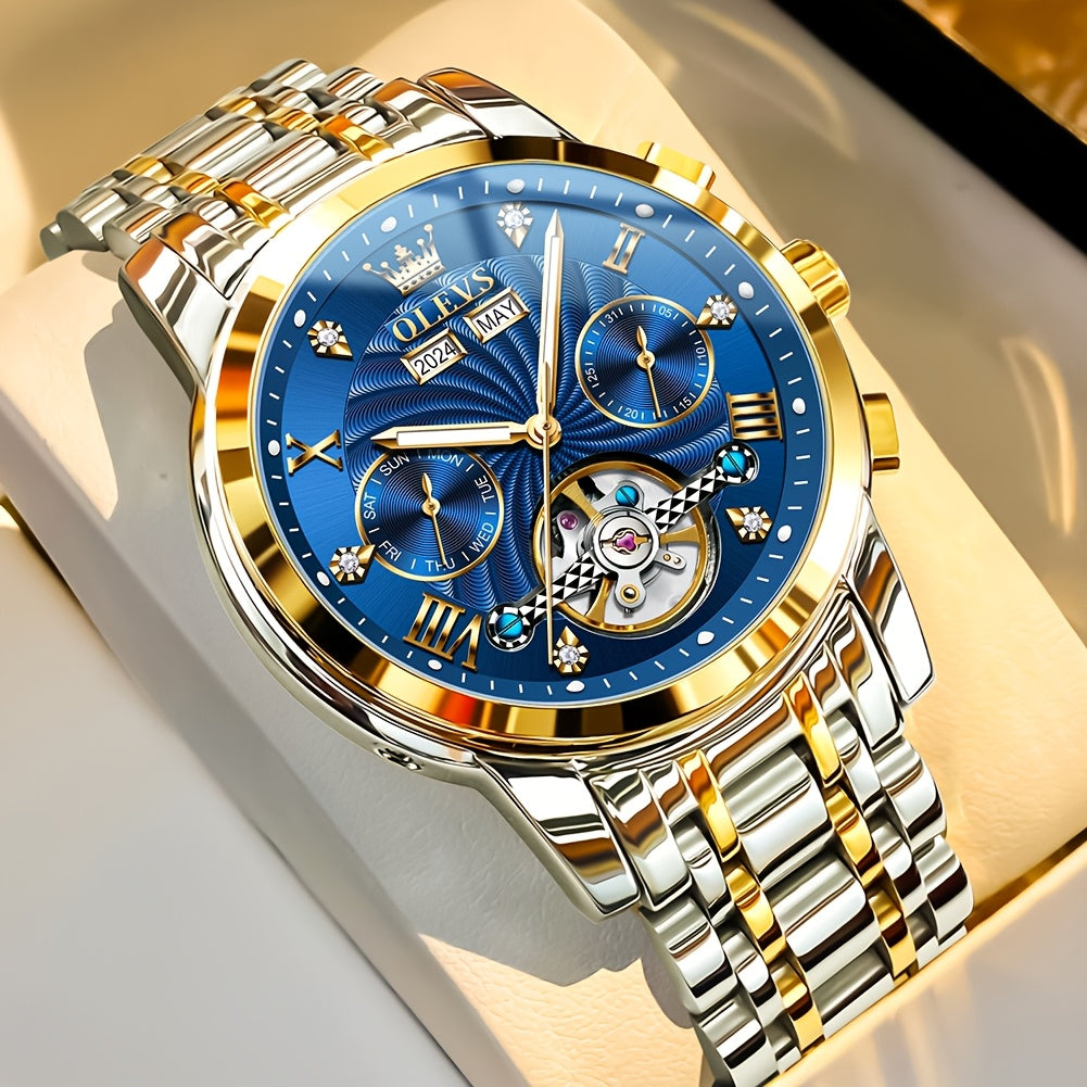 OLEVS Men's Mechanical Watch — Automatic Stainless Steel Wristwatch with Luminous Dual-Calendar Large Dial