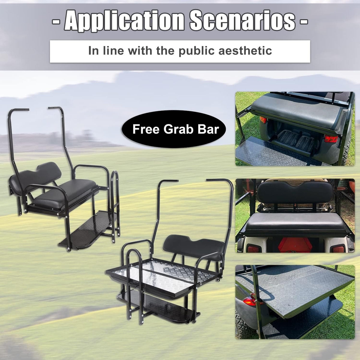 For 1982-2000 Club Car DS Golf Cart Flip Folding Rear Back Seat Kit w Grab Bar