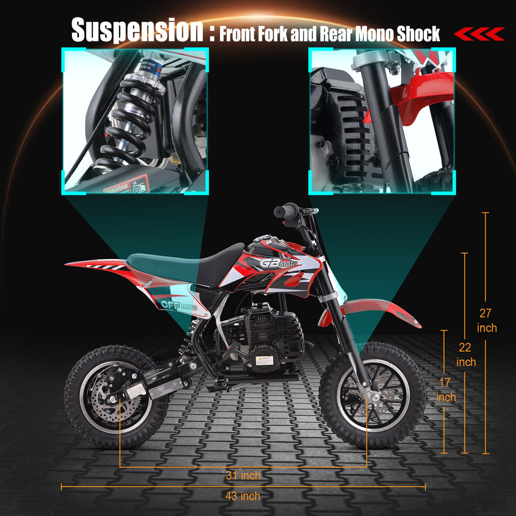Mini Dirt Bike, 49 CC 2-Stroke Gas Bike (Model :DB001) with Off-Rode Tire, Suspensions, Disc Brakes, Max Load 160Lbs, Up to 20Mph-Included: gloves, face mask, cycling protective gear, cycling boots, and anti-theft lock.