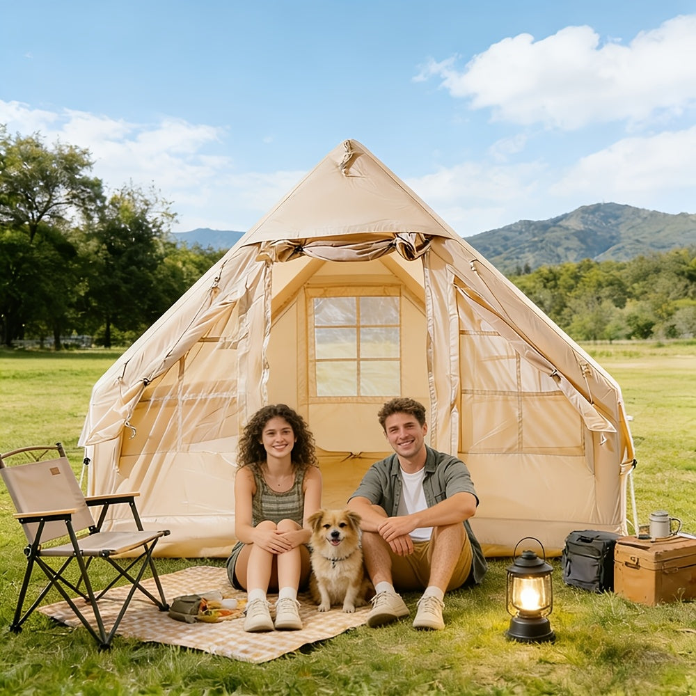Inflatable Camping Tent（Optional: Skylight, Stove Jack） for 4-6 Person,4 Season Camping Tent, Large Luxury Air Tent with Manual Pump, Easy Setup Portable Glamping House, High Quality Windproof Family Outdoor Shelter Best Valentine's Day Gifts