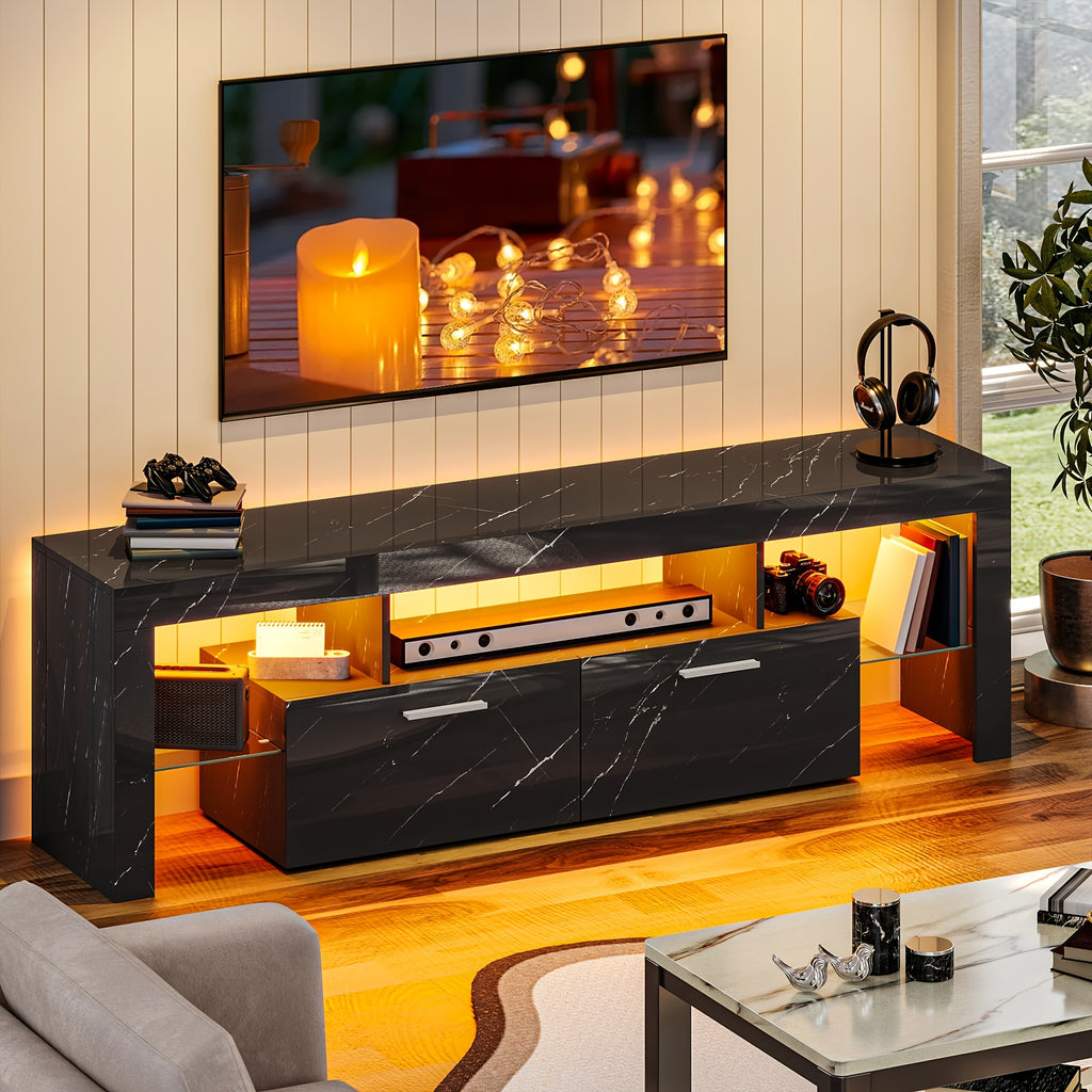 66 Inch White Black Marble TV Stand For 75 Inch TV, LED Gaming Entertainment Center, Glossy TV Console Table With Storage Drawers And Glass Shelves Xbox PS5 Game Console Cabinet For Living Room