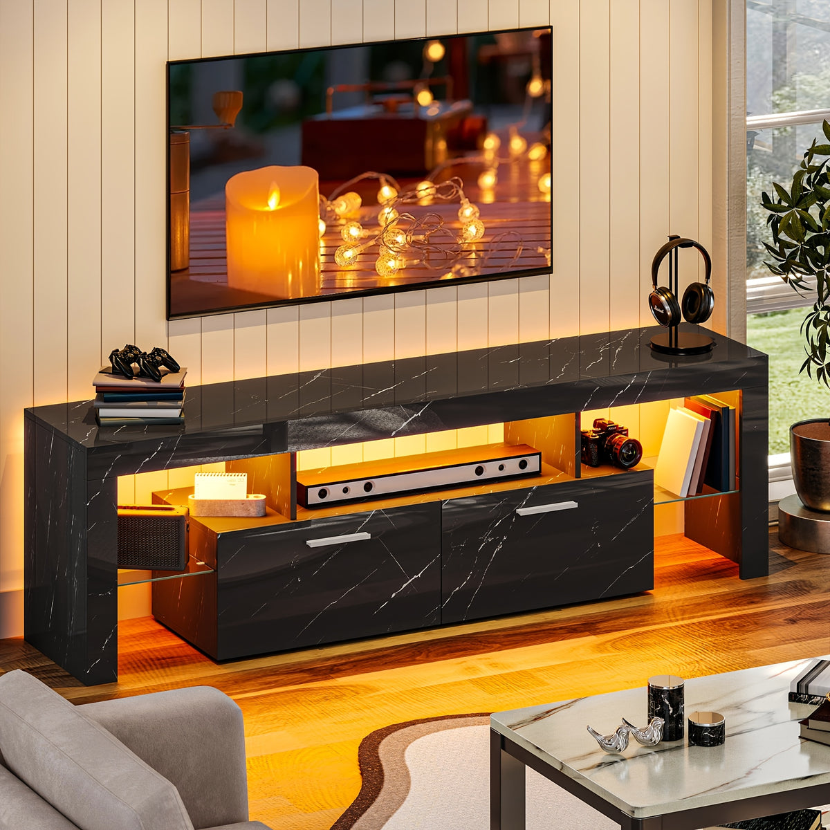 66 Inch White Black Marble TV Stand For 75 Inch TV, LED Gaming Entertainment Center, Glossy TV Console Table With Storage Drawers And Glass Shelves Xbox PS5 Game Console Cabinet For Living Room