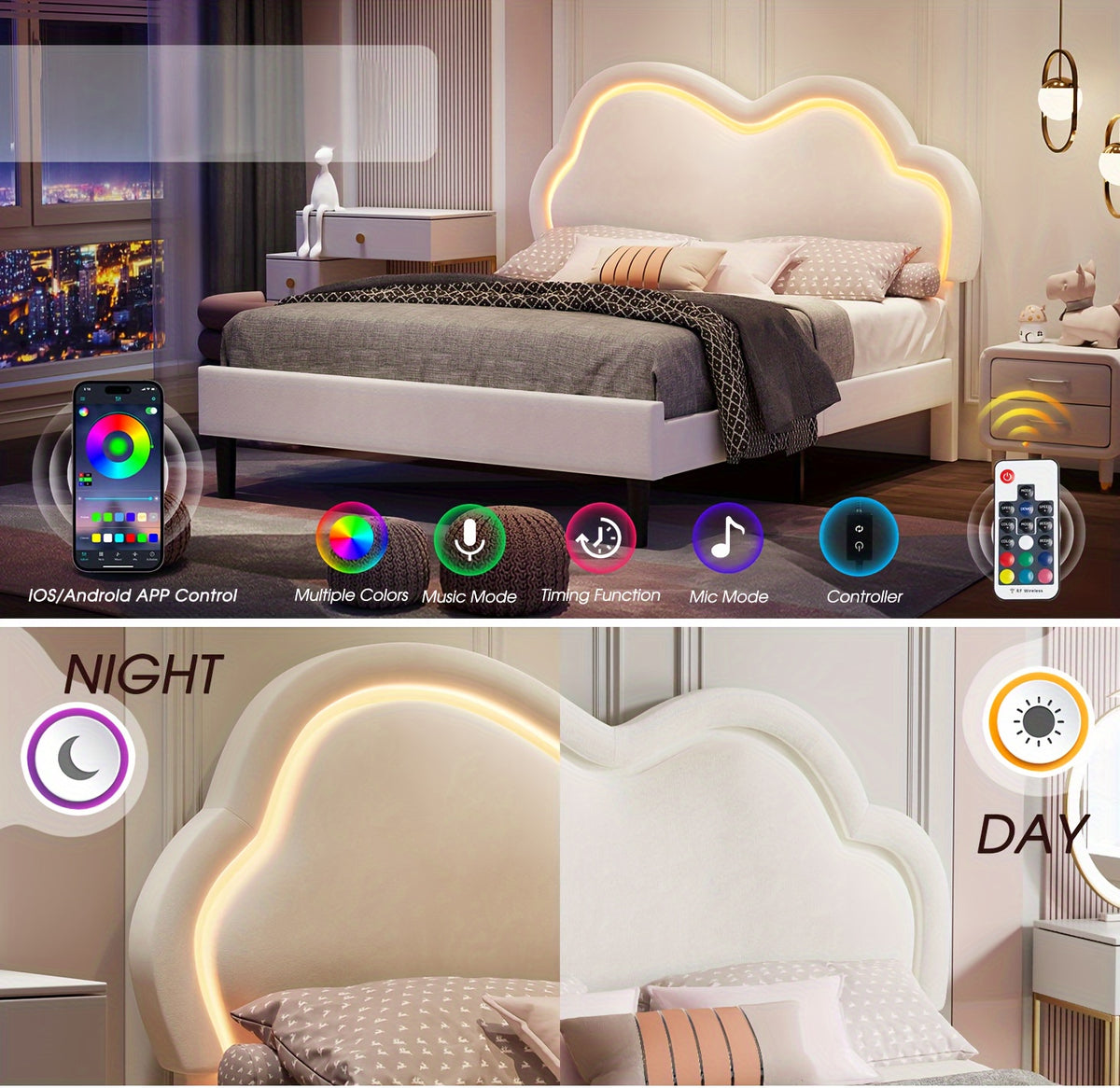 LUXOAK LED Velvet Platform Bed Featuring an Adjustable Cloud Headboard - No Box Spring Needed, Easy Assembly