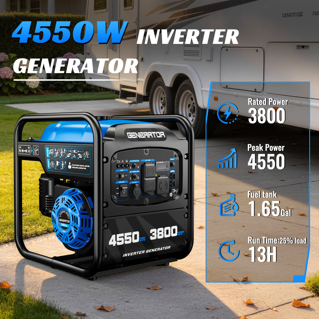 4550W Portable Inverter Generator, 3800W Rated, 223Cc 4-Stroke Gas Powered Engine, Pure Sine Wave for Sensitive Electronics, RV Ready with 30A Outlet, Home Backup, Camping, Emergency