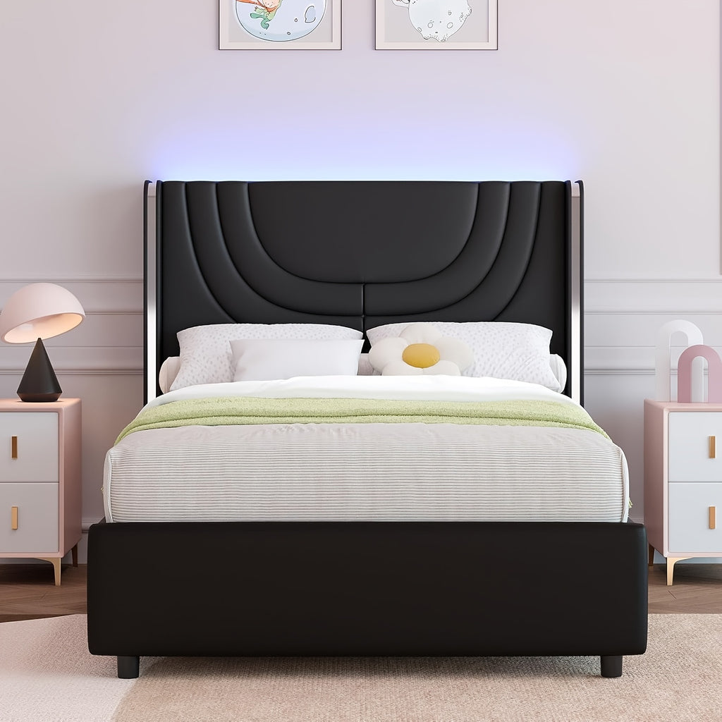 Twin Full Queen Size Bed Frame with LED Lights, Bed with Headboard And Wingback, Headboard Splicing Design, No Box Spring Needed, Easy Assembly, Pink/Beige/Black