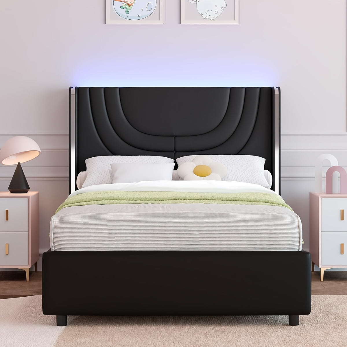 Twin Full Queen Size Bed Frame with LED Lights, Bed with Headboard And Wingback, Headboard Splicing Design, No Box Spring Needed, Easy Assembly, Pink/Beige/Black
