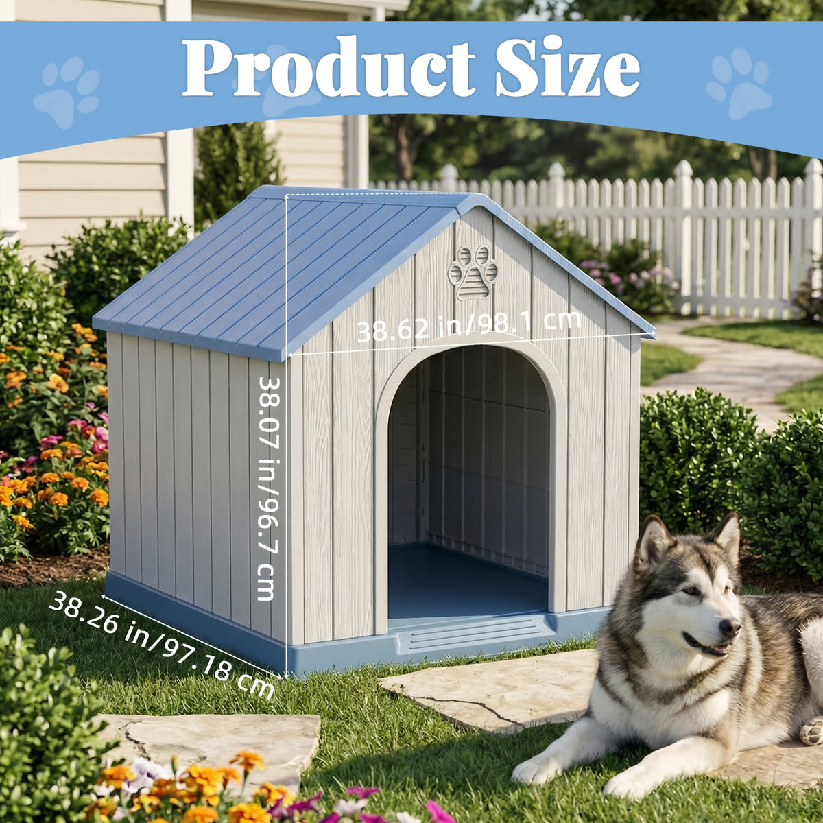 Super Big XXL 38" Outdoor Dog House For Small To Large Dogs Weatherproof Resin Pet Shelter With Peaked Roof, Raised Floor& Decorative Cut-Outs Easy Assembly Indoor/Outdoor Use Spacious Winter House For Christmas, Outdoor Weatherresistant Constructio