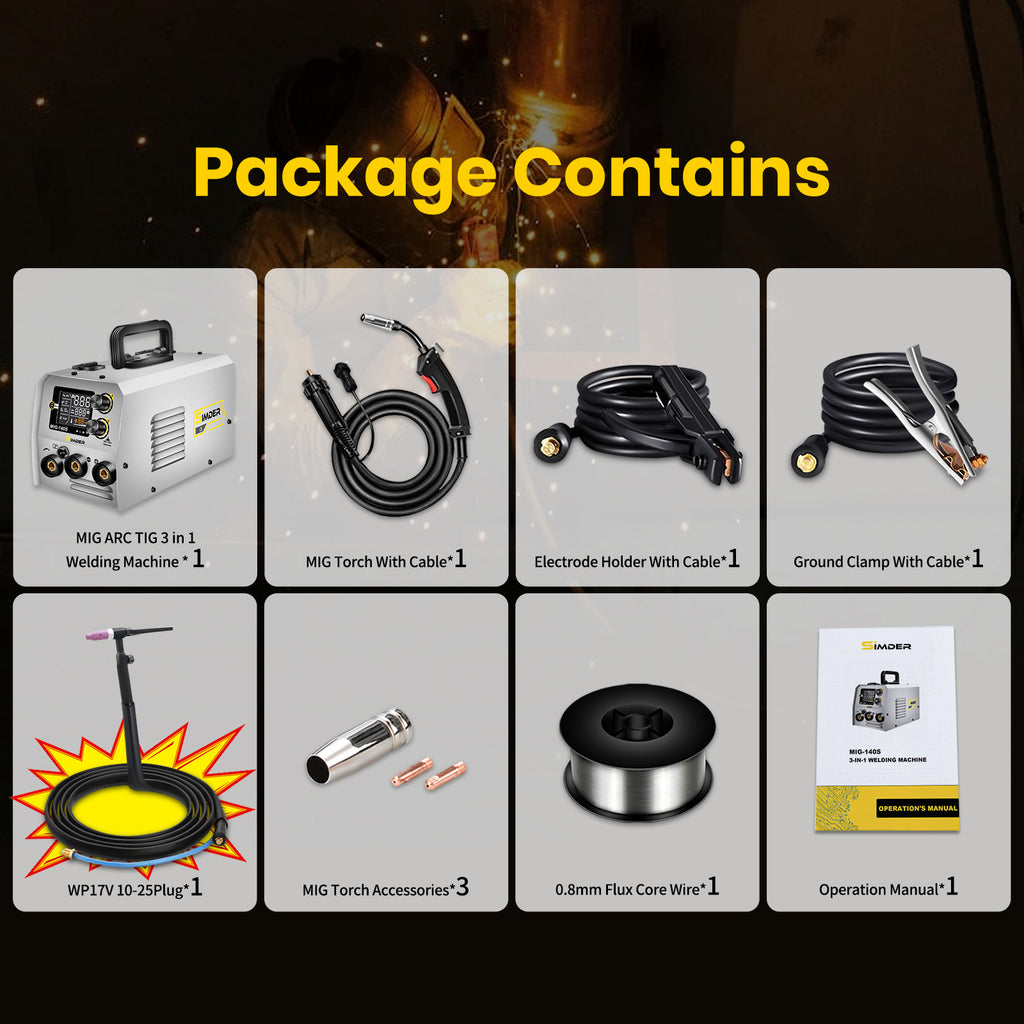 MIG Welder 3 In 1 MIG/ARC/Lift TIG Welder With 24pcs 14AK MIG Welding Accessories, 110V 140A Smart LCD MIG-140S Welding Machine with TIG Torch, ARC Force, IGBT Inverter, Automatic Wire Feeding, Stable Arc, Intelligent Cooling and Overload Protection, Perf
