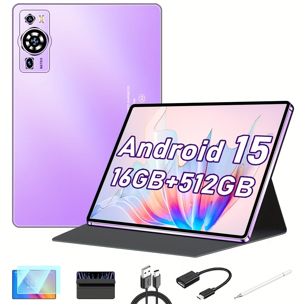 UXD A5 Android 15 Tablet, Equipped with Related Accessories, 16GB RAM (8GB+8GB Expandable), 512GB ROM Expandable up to 1TB, Supports WiFi/LTE, 6000mAh Battery, 10.1-inch HD Display with Keyboard, Mouse, Stylus, and Protective Case