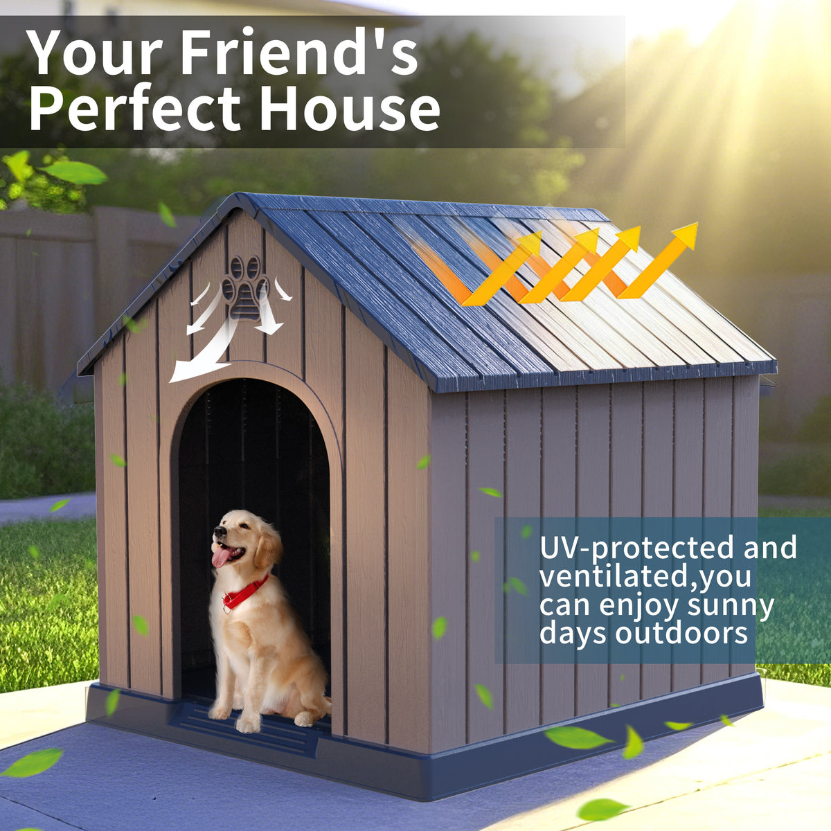 Super Big XXL 38" Outdoor Dog House For Small To Large Dogs Weatherproof Resin Pet Shelter With Peaked Roof, Raised Floor& Decorative Cut-Outs Easy Assembly Indoor/Outdoor Use Spacious Winter House For Christmas, Outdoor Weatherresistant Constructio