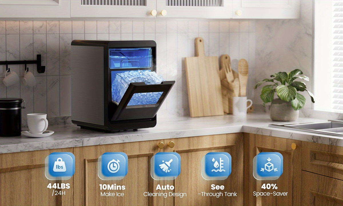 Countertop Nugget Ice Maker, Qunler 44 Lbs/day Stainless Steel Self-Cleaning Chewable Pellet Ice Machine with Independent Water Tank, Ice Scoop & Ice Basket for RV Trips, Camping, Beach Houses, Cabins & Patio Drinks