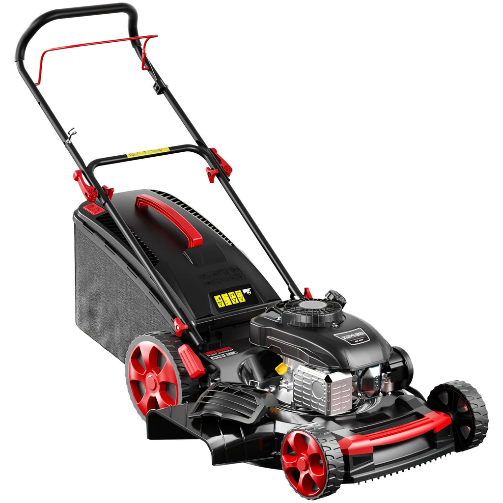 22 Inch 201cc 4-Cycle Engine 3-Position Cutting Height Adjustment 3-in-1 Gas Walk Behind Hand Push Lawn Mower (Hand Push), Comes with Four Bonus Decorative Wheel Plates