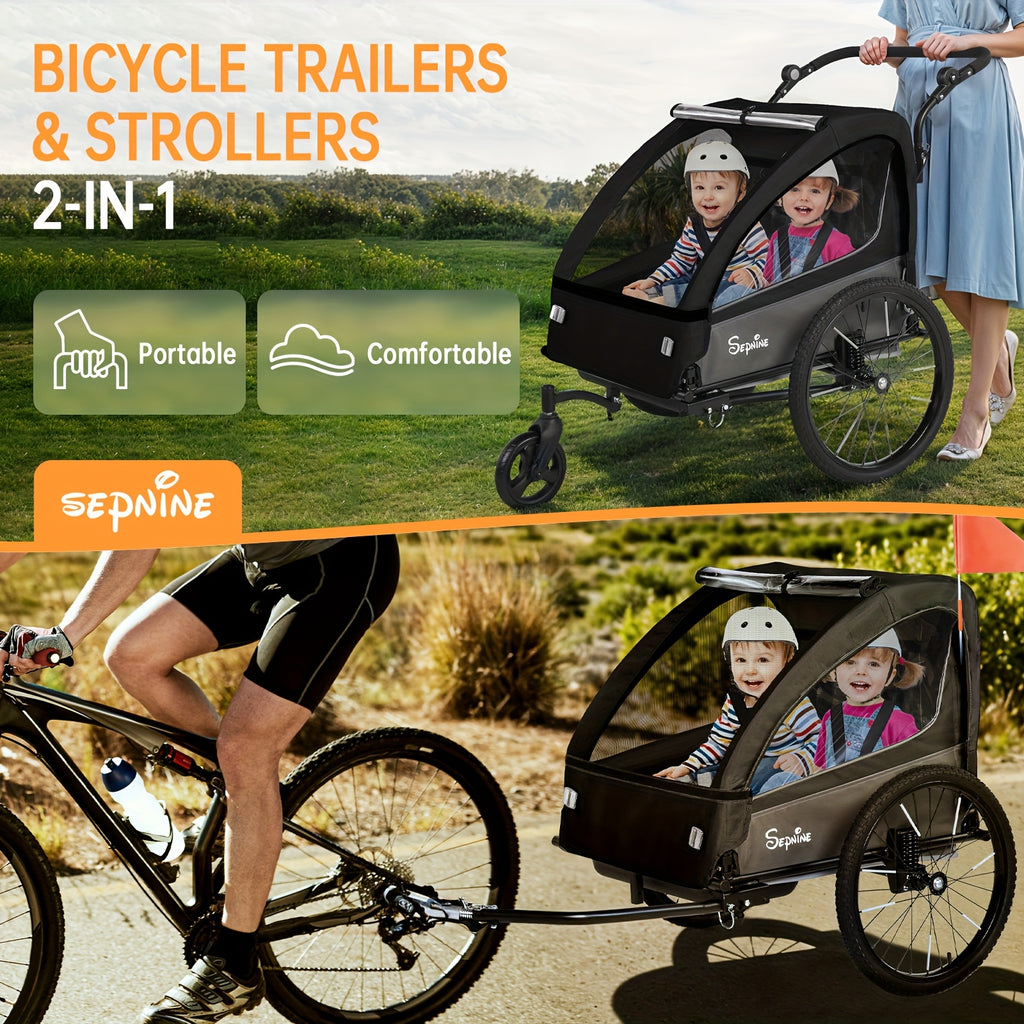 2in 1 Kids Bike Trailer And Stroller with Suspension Bike Trailer for 1 to 2 Children, Jogging Function, Foldable, 5-Point Harness, Spacious Storage, with Bug Screen And Weather Shield