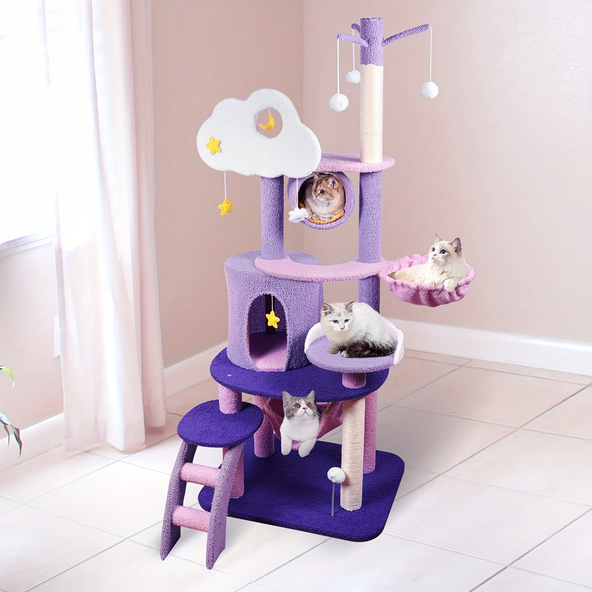 65in Cat Tree Cute for Indoor Cats Pink Moon Cat Tree Tower with Scratching Post, Hammock And Condo Large Tall Cat Tree for Kittens Cats