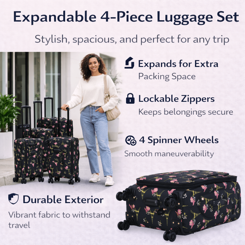 4-Piece Softside Spinner Luggage Set (20+24+28+32 inch) Lightweight Travel Suitcases with 360° Wheels, Telescopic Handle, Multi Pocket Design