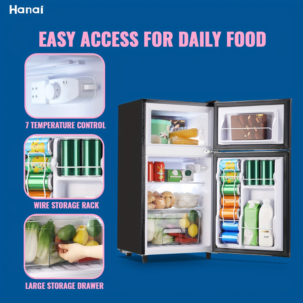 WANAI Double Door Small Refrigerator with Freezer-On-Top, 3.5 Cubic Feet Mini Fridge with 7-Level Adjustable Thermostat for Office, Dorm, Bedroom, Home And Apartment