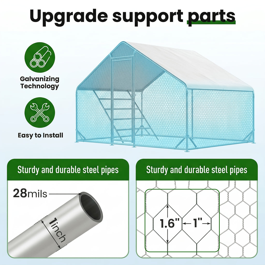 Heavy Duty Reinforced Chicken Coop Walk In Chicken Run with Waterproof Cover Large Metal Poultry Cage Outdoor Chicken Pen with Free Chicken Roosting Ladder