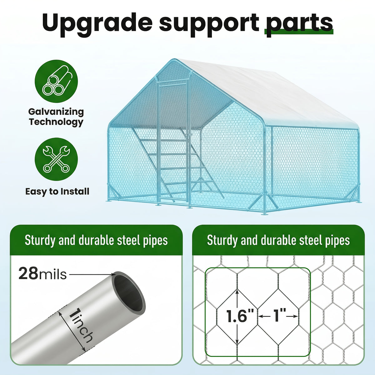 Heavy Duty Reinforced Chicken Coop Walk In Chicken Run with Waterproof Cover Large Metal Poultry Cage Outdoor Chicken Pen with Free Chicken Roosting Ladder