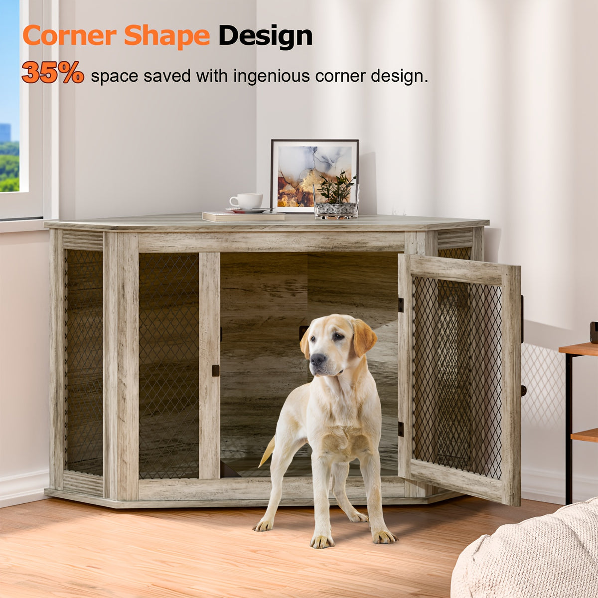 Furniture Corner Dog Crate, 52" Wooden Dog Kennel Furniture End Table with Mesh, Indoor Pet Crate Side Table for Small Medium Dogs Puppy, Perfect for Limited Room