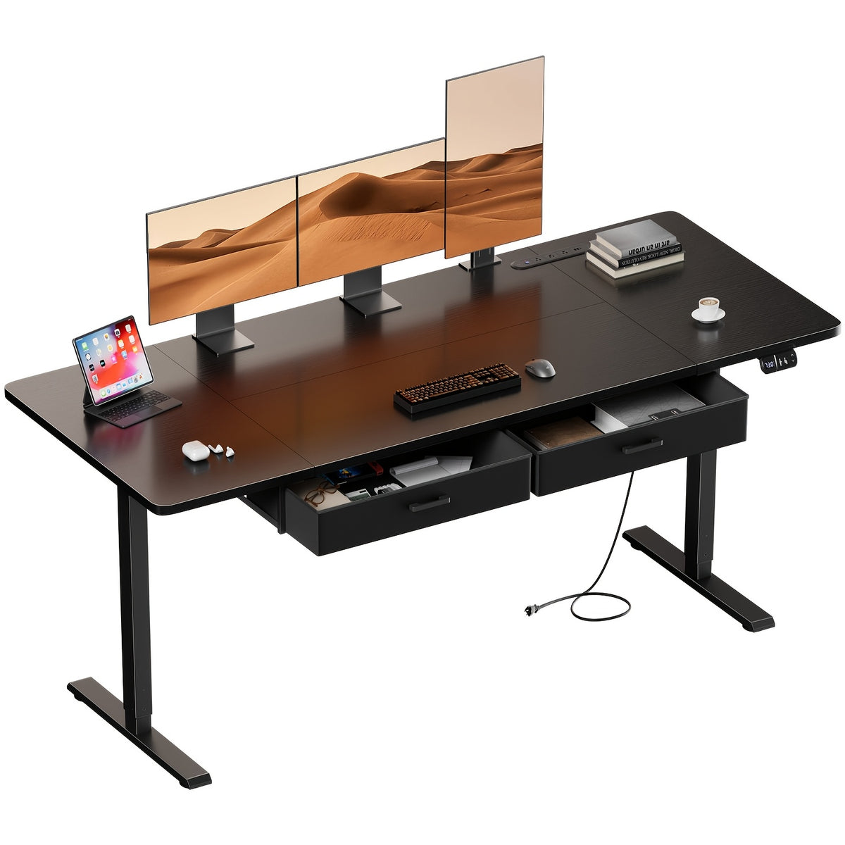 Electric Standing Desk with Dual Drawers and Built-In Power Panel for Home Offices and Gaming Setups