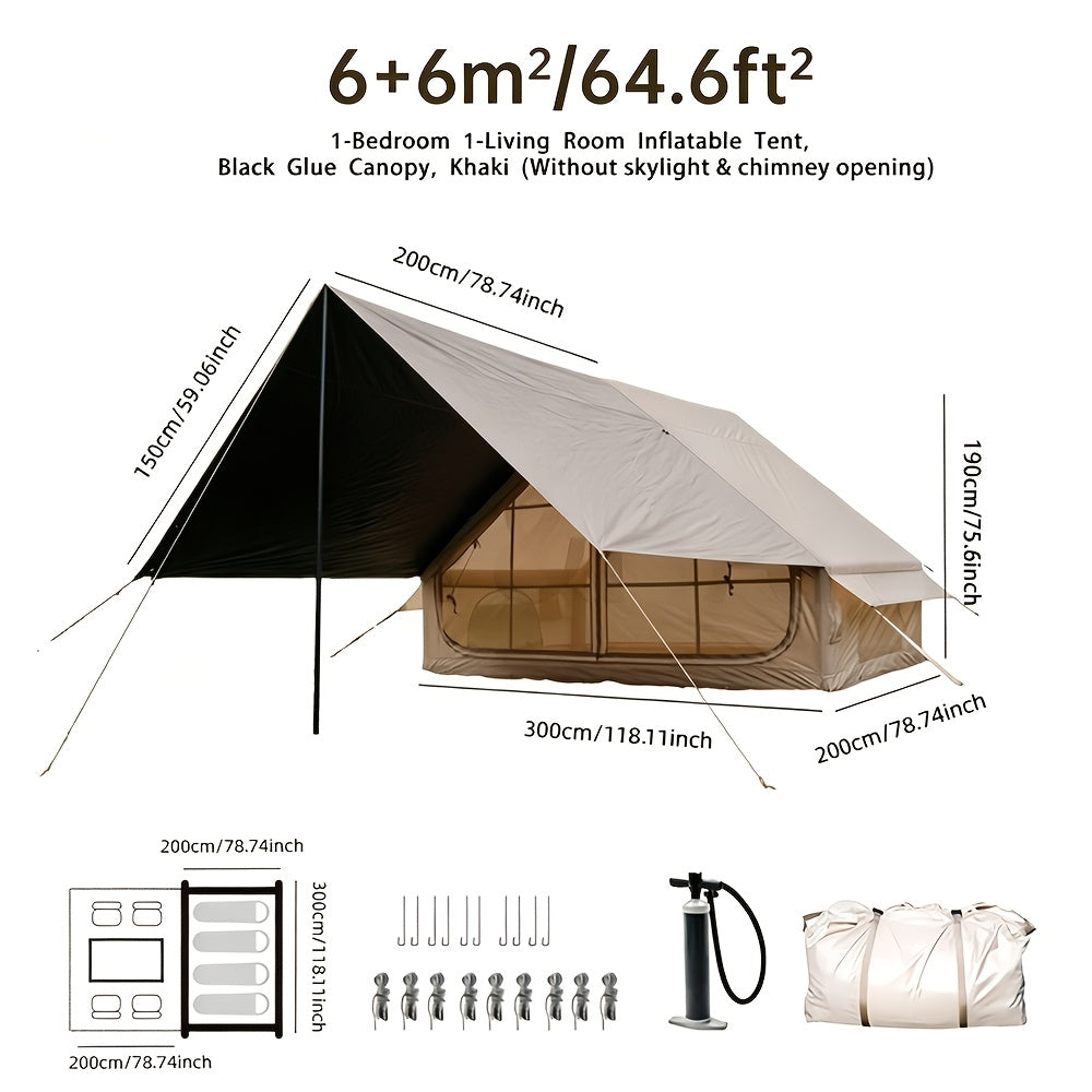 Inflatable Camping Tent（Optional: Skylight, Stove Jack） for 4-6 Person,4 Season Camping Tent, Large Luxury Air Tent with Manual Pump, Easy Setup Portable Glamping House, High Quality Windproof Family Outdoor Shelter Best Valentine's Day Gifts