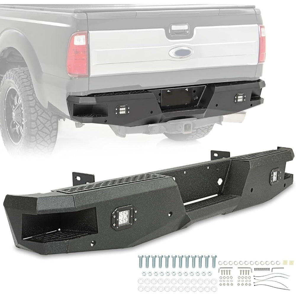 Heavy Duty Offroad Rear Bumper for 1999-2016 Ford F250 F350 Super Duty, Black Powder Coated Steel with 2 x 18W LED Lights
