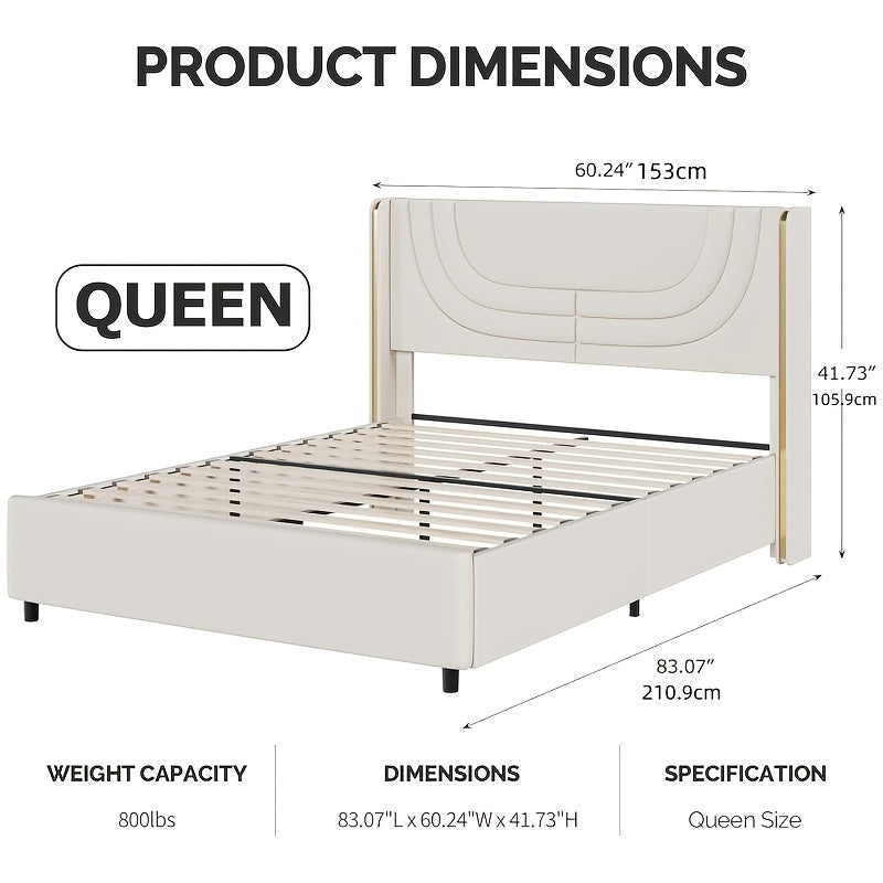 Twin Full Queen Size Bed Frame with LED Lights, Bed with Headboard And Wingback, Headboard Splicing Design, No Box Spring Needed, Easy Assembly, Pink/Beige/Black