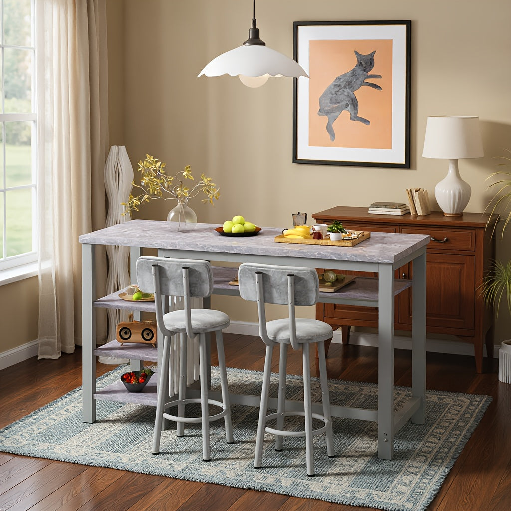 3pcs Dining Room Table Set with Faux Leather Upholstered Bar Stools, Modern Farmhouse Style Dining Table Set with Multiple Tier Storage Shelves, MDF Table Top and Metal Frame, Counter Height Breakfast Nook Table Set for Small Spaces Family