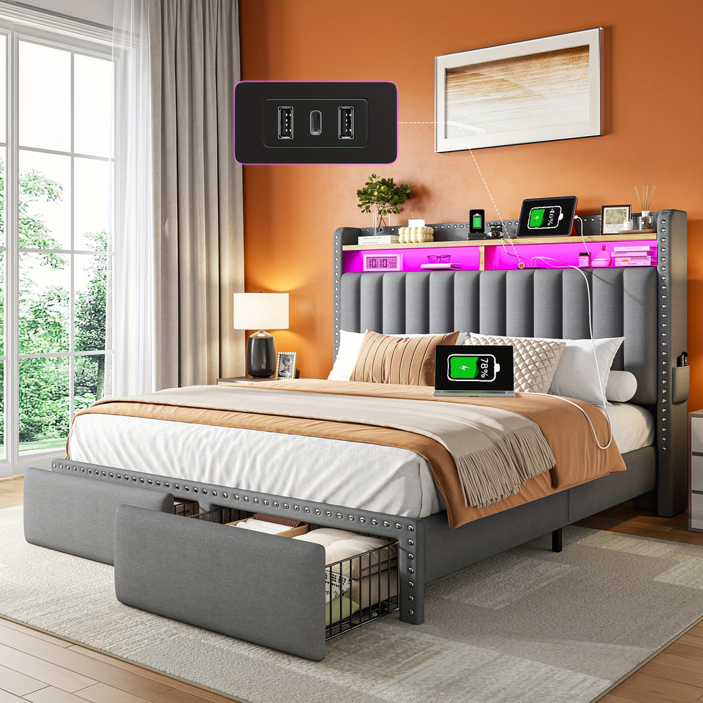 Full&Queen&King Size, Bed Frame with 2-Tier Storage Headboard, with Charging Station, LED Light Platform Bed Frame, 2 Storage Drawers for Storing, Sturdy Wooden Slats Support, Noise-Free, No Box Spring Needed, Grey
