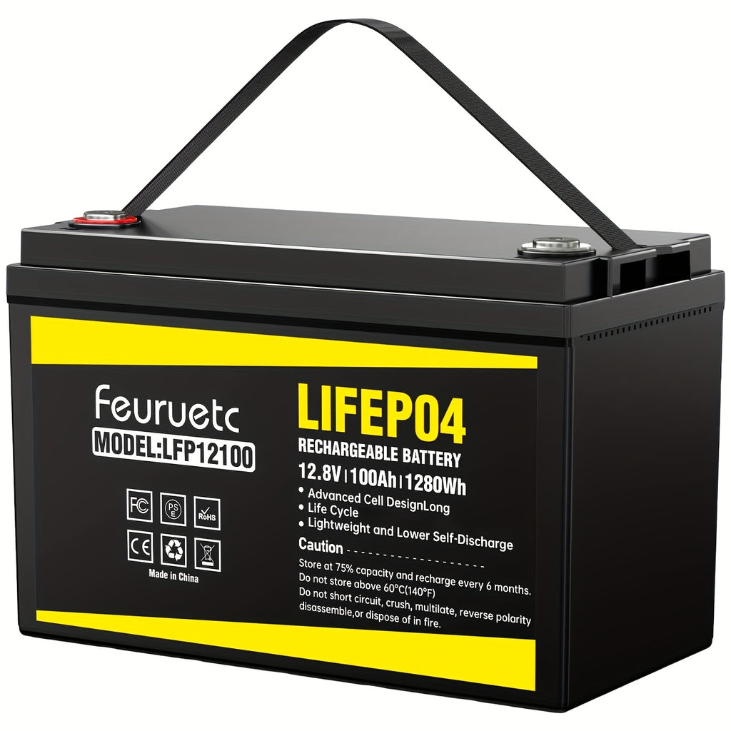 Feuruetc 12V LiFePO4 Lithium Iron Phosphate Battery, Available in 100Ah or 200Ah Capacity Options, with Built-in BMS, Over 15,000 Cycle Life. Suitable for Solar Systems, RVs, Golf Carts, Marine Applications, and Off-grid Power Supply. A Lightweight