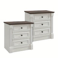 26 Inch High Farmhouse Bedside Table Set of 2, 3 Drawer Side Table with Charging Station, 23.6 Inch Wide Side Table with Roman Posts, Wooden Country Style Bedside Table for Bedroom, Living Room