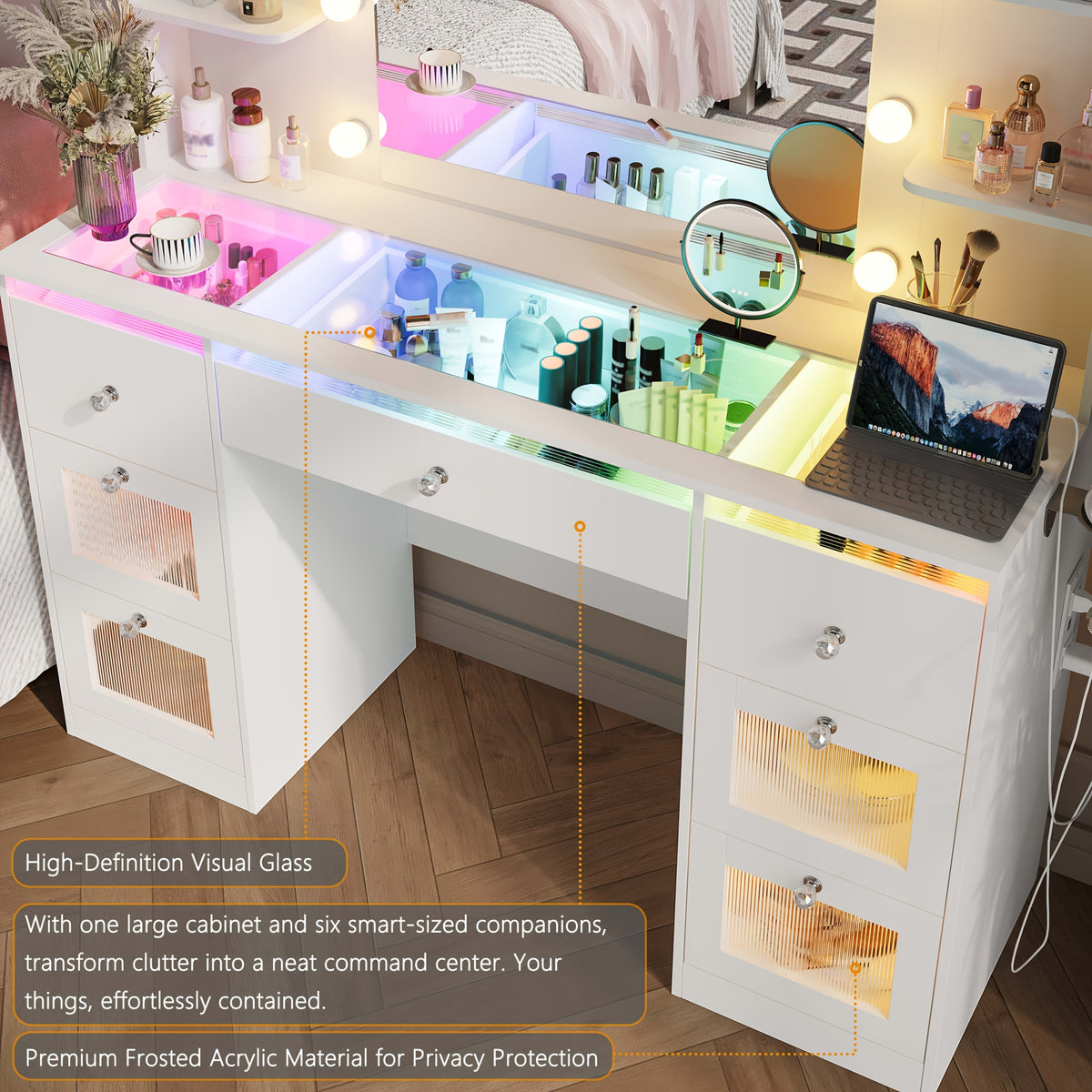 Makeup Vanity with 7 Lighted Drawers & 3-Color LED Mirror, Dressing Table with Glass Top, 4 Shelves for Huge Storage, Light White for Bedroom