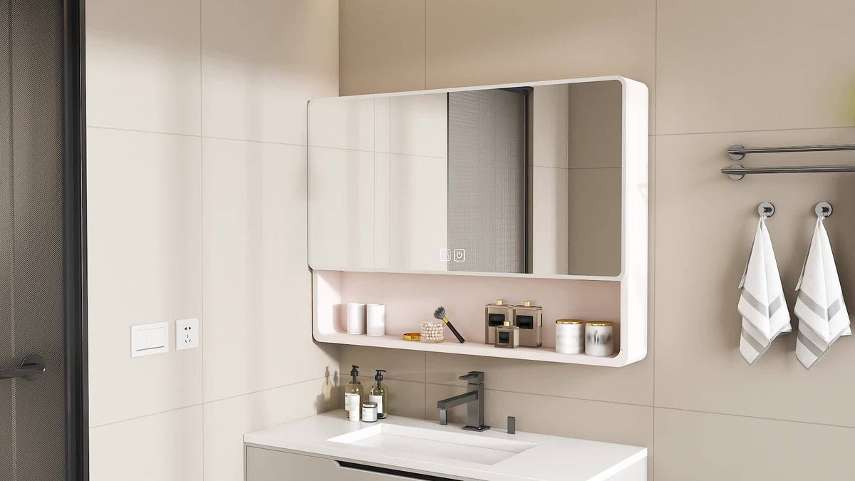 Legend Stone 35"x 28" Aluminum Bathroom Mirror Cabinet with Smart LED Lighting And Defogging, Wall-Mounted Vanity Mirror with Cosmetic Storage Rack And Hair Dryer Holder, Khaki
