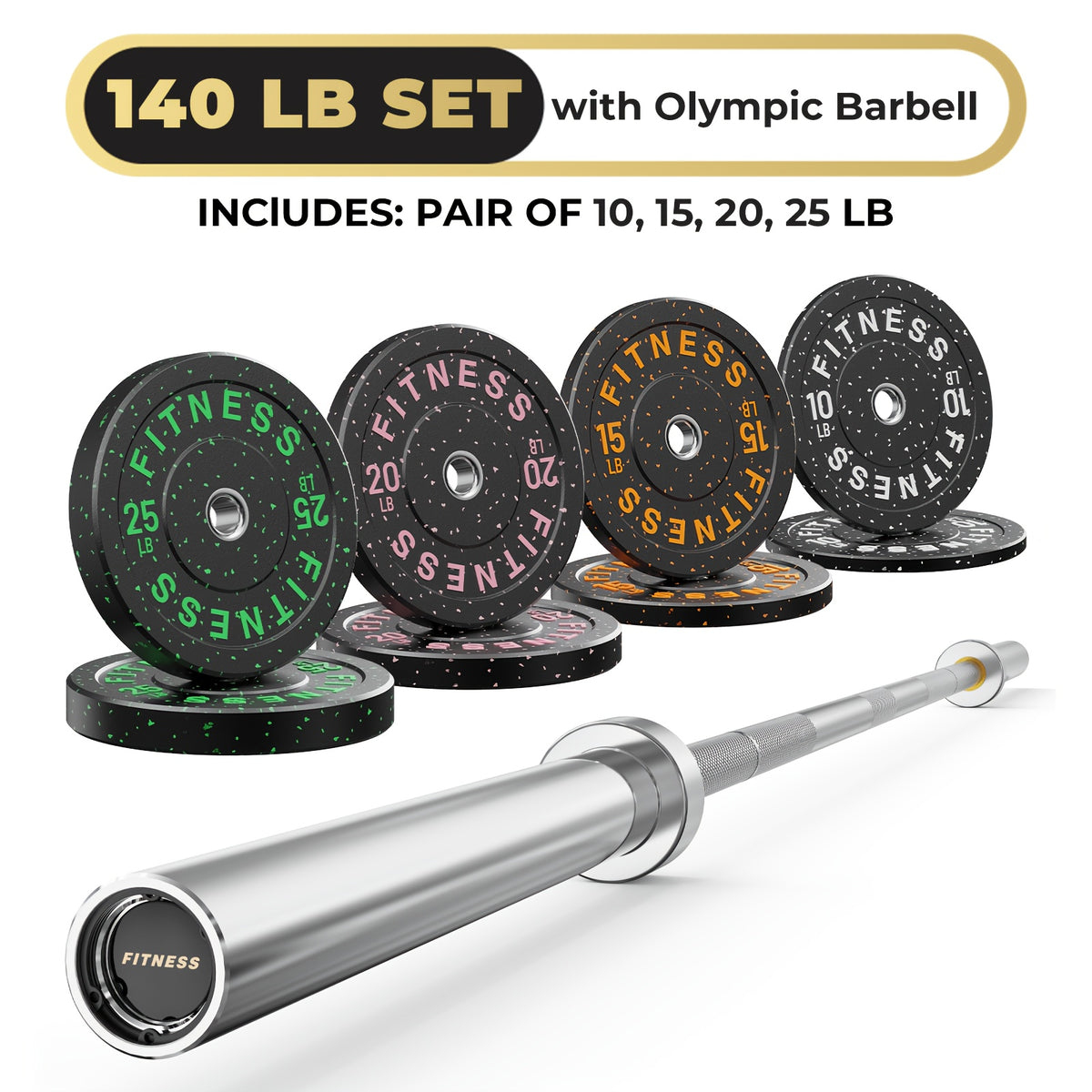 Rubber Bumper Plates with 7ft Barbell, 70LB to 410LB Heavy Duty Weight Plates + 2-Inch Barbell Combo, Bumper Plates with Steel Hub, Home Gym Strength Training for Deadlift Squat Bench Press, 1 Barbell Per Set