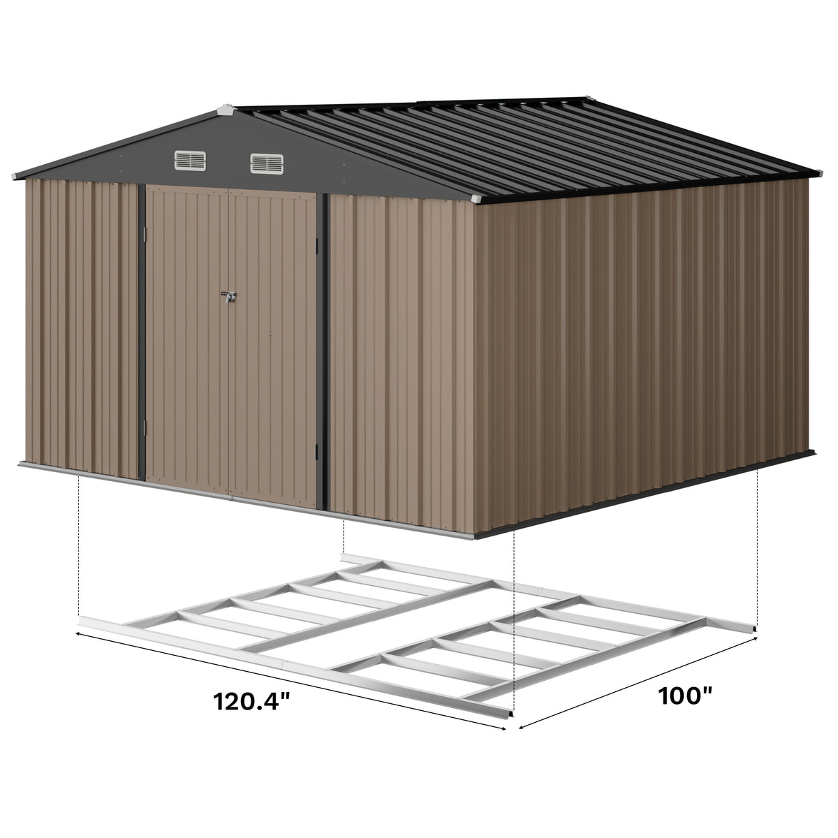 GUNJI 10 X10ft & 8 X 6ft 6 X 4ft & 5 X 3ft Storage Shed with Floor Frame, Metal Tools Shed with Design Of Lockable Doors, Utility And Tool Holder for Garden, Workshop, Backyard, Can Hold Various Tools