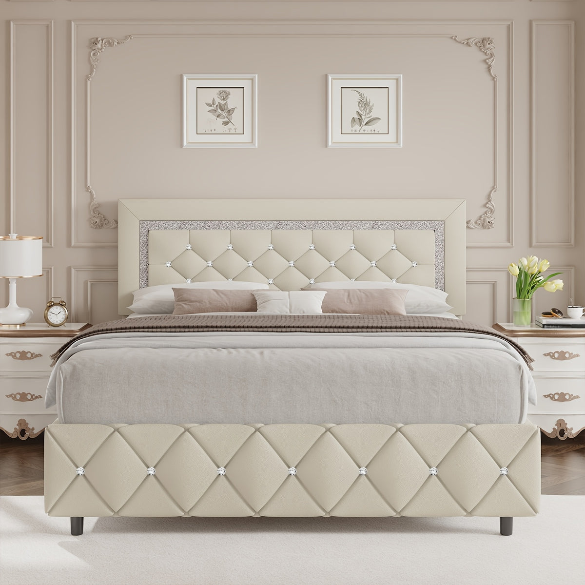 4ever2buy Twin Full Queen King Platform Bed Frame with Upholstered Diamond Headboard, Mattress Foundation with Strong Wooden Slats Support, No Box Spring Needed, Easy Assembly, Valentine's Day Gifts, Pearlized White, Black, Pink, Green, Grey, Beige