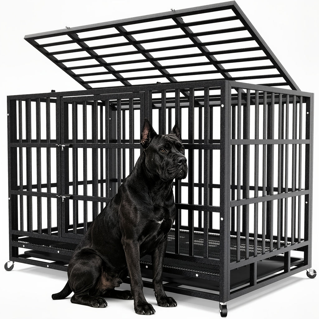 [With Wheels] 42 IN/48IN Heavy Duty Dog Crate Metal Dog Cage With Wheels And Escape-Proof Locks Double Doors Top Opening Large Dog Kennel Removable Tray Easy Assembly Chew-Proof For Big Dogs