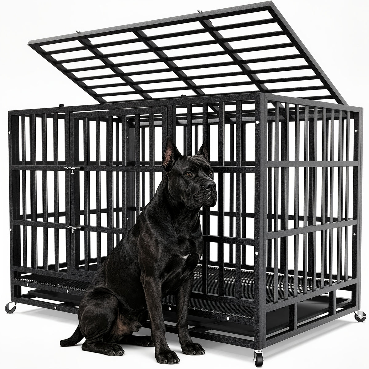 [With Wheels] 42 IN/48IN Heavy Duty Dog Crate Metal Dog Cage With Wheels And Escape-Proof Locks Double Doors Top Opening Large Dog Kennel Removable Tray Easy Assembly Chew-Proof For Big Dogs