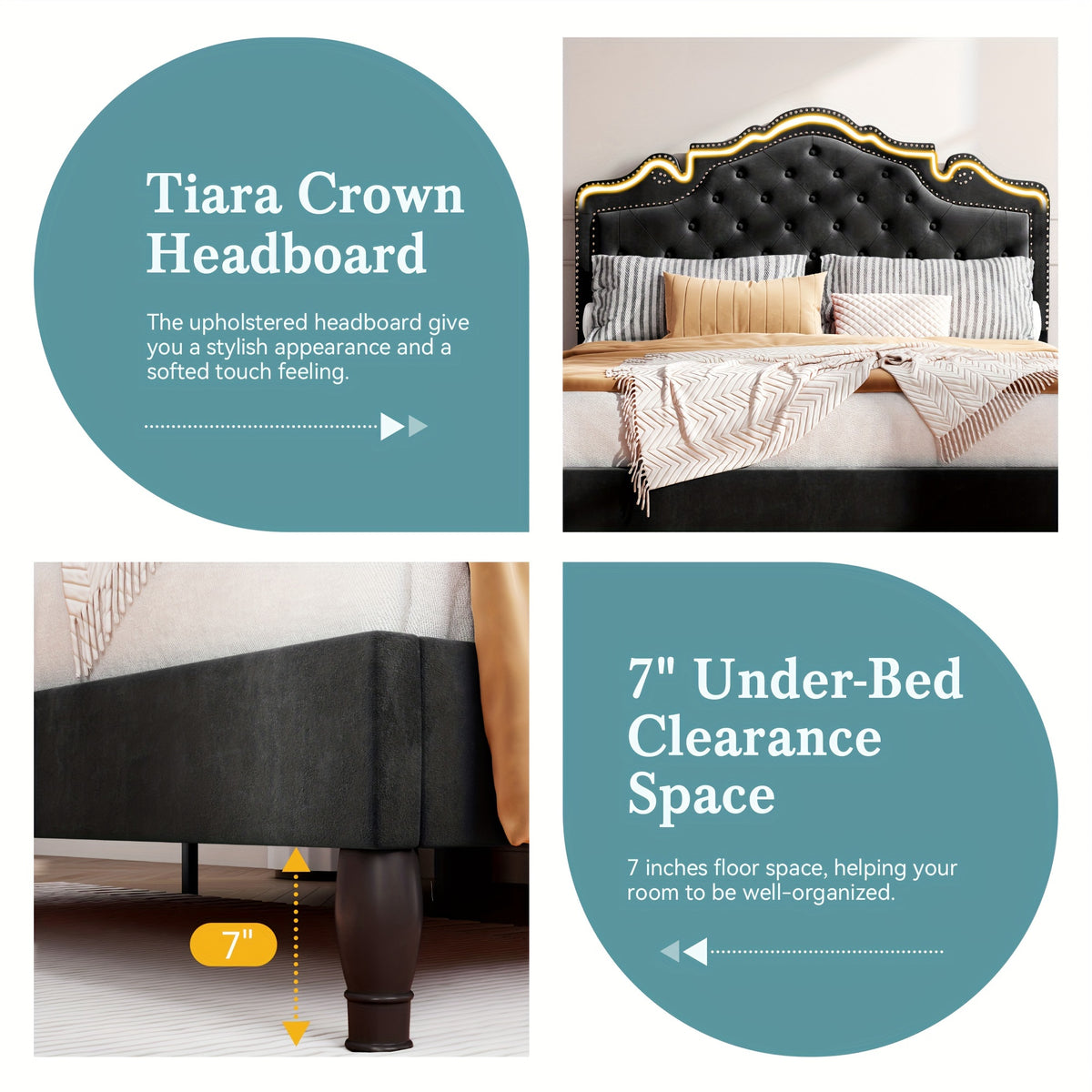 HOOMIC Full/Queen/King Size Bed Frame with Adjustable Velvet Tiara Headboard, Upholstered Diamond Button Tufted Platform Bed, Wooden Slats Support, No Box Spring Needed, Easy Assembly, Black