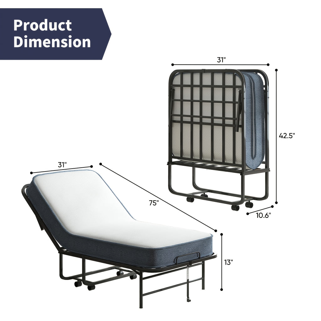 38In/31In Folding Bed with Foam Mattress Rollaway Bed, Space-Saving Guest Bed with Headboard, Portable Foldable Extra Bed for Adults with Sturdy Metal Frame