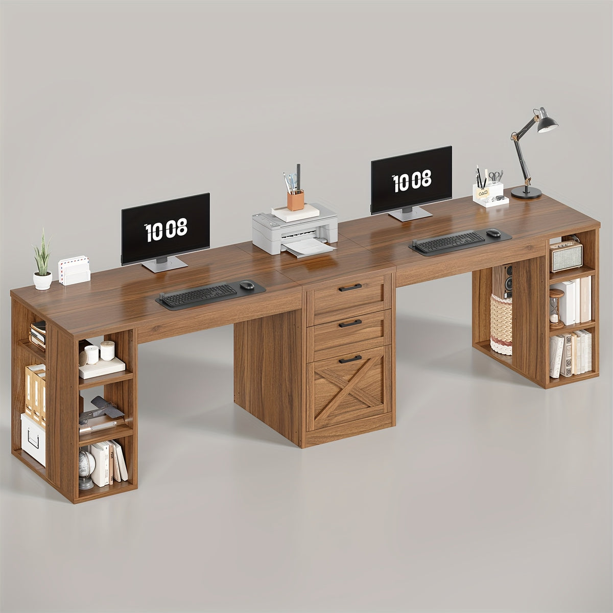 Two-Person Computer Desk, 96.5-Inch Farmhouse Workstation with 3 Drawers and Open Storage Shelves
