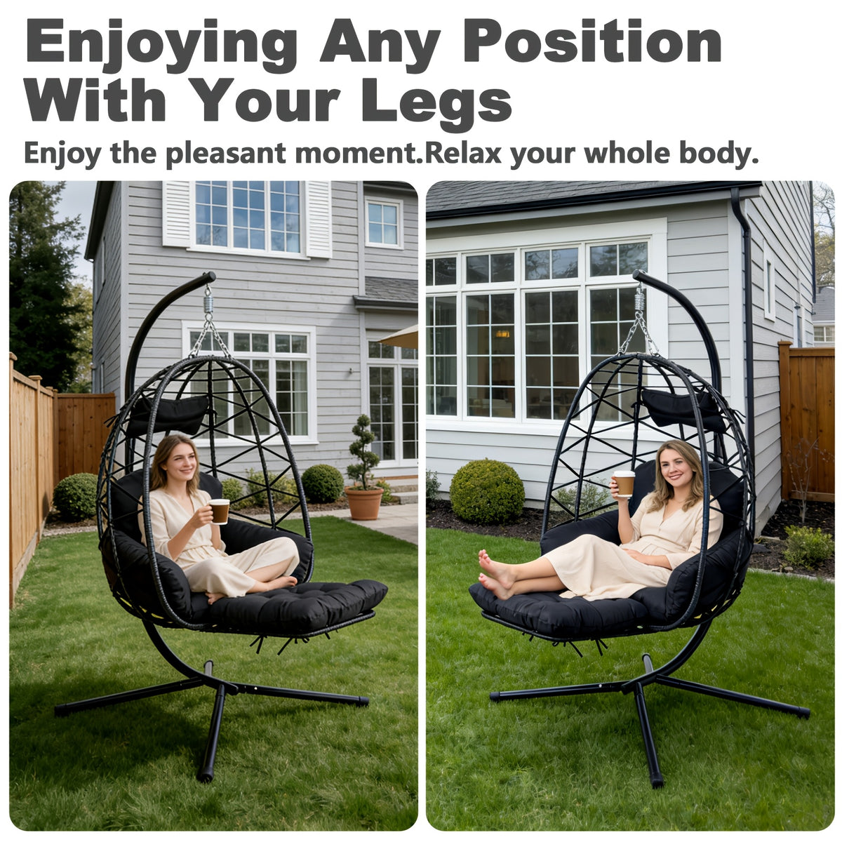 Hanging Egg Chair with Stand & Leg Rest, 350lb Rattan Wicker Swing Chair with Cushion, Patio Basket Hanging Chair Wicker Hammock Chair for Outdoor Garden Backyard Balcony, All-Weather Resilient