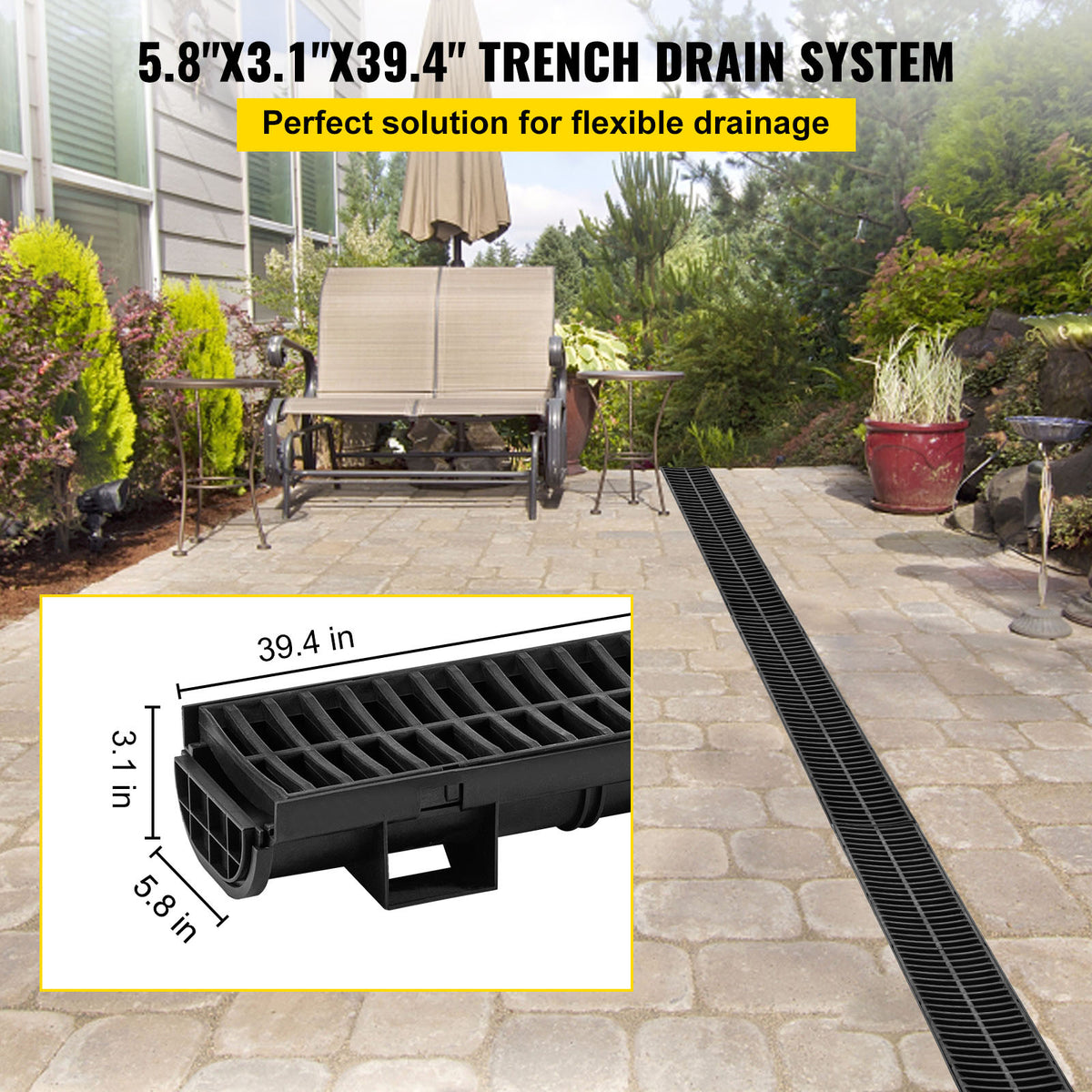 Trench Drain System by VEVOR, 6-Piece Interlocking Channel Drain for Driveways and Garages