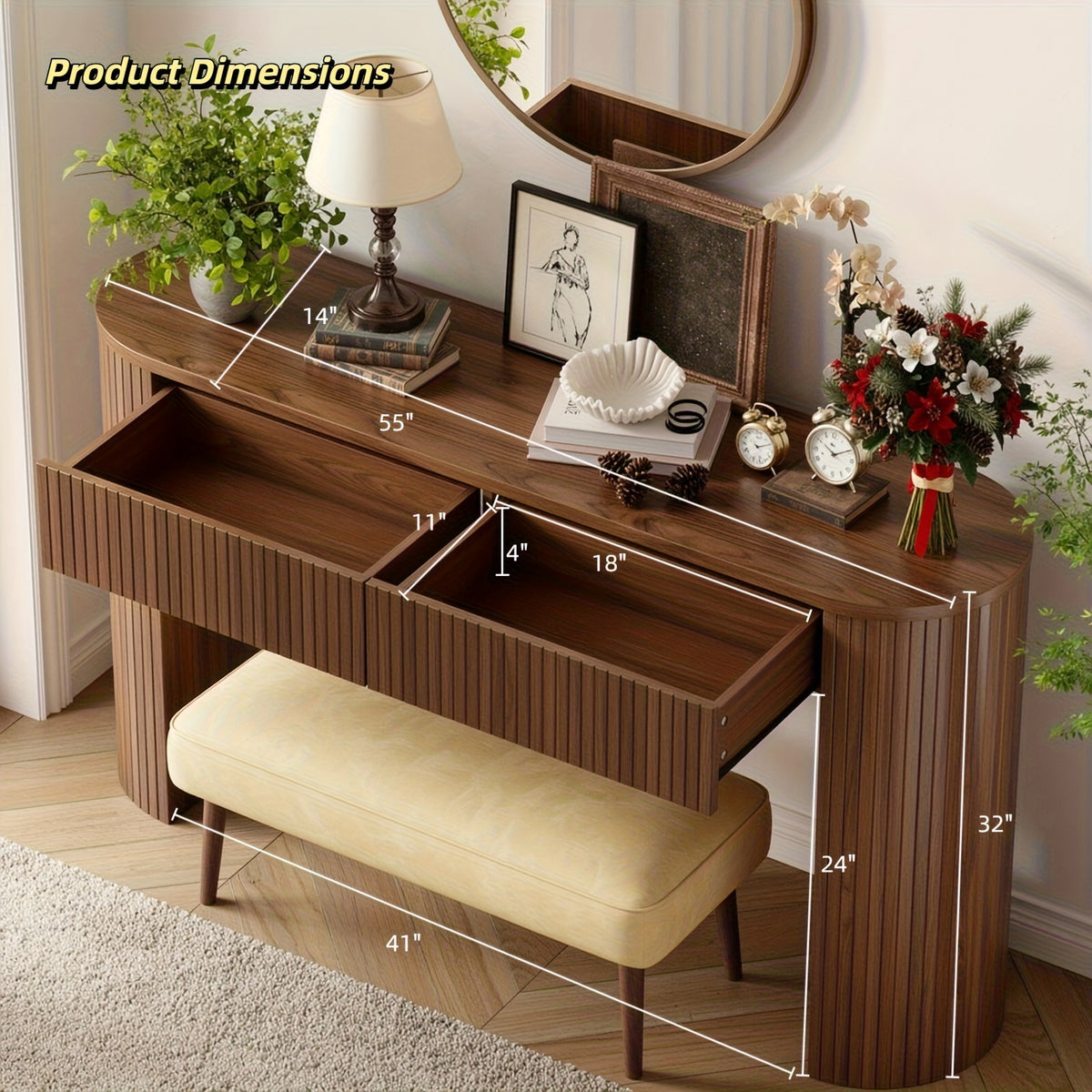 Console Table for Entryway or Behind the Sofa with Two Storage Drawers and a Clean Fluted Front Design