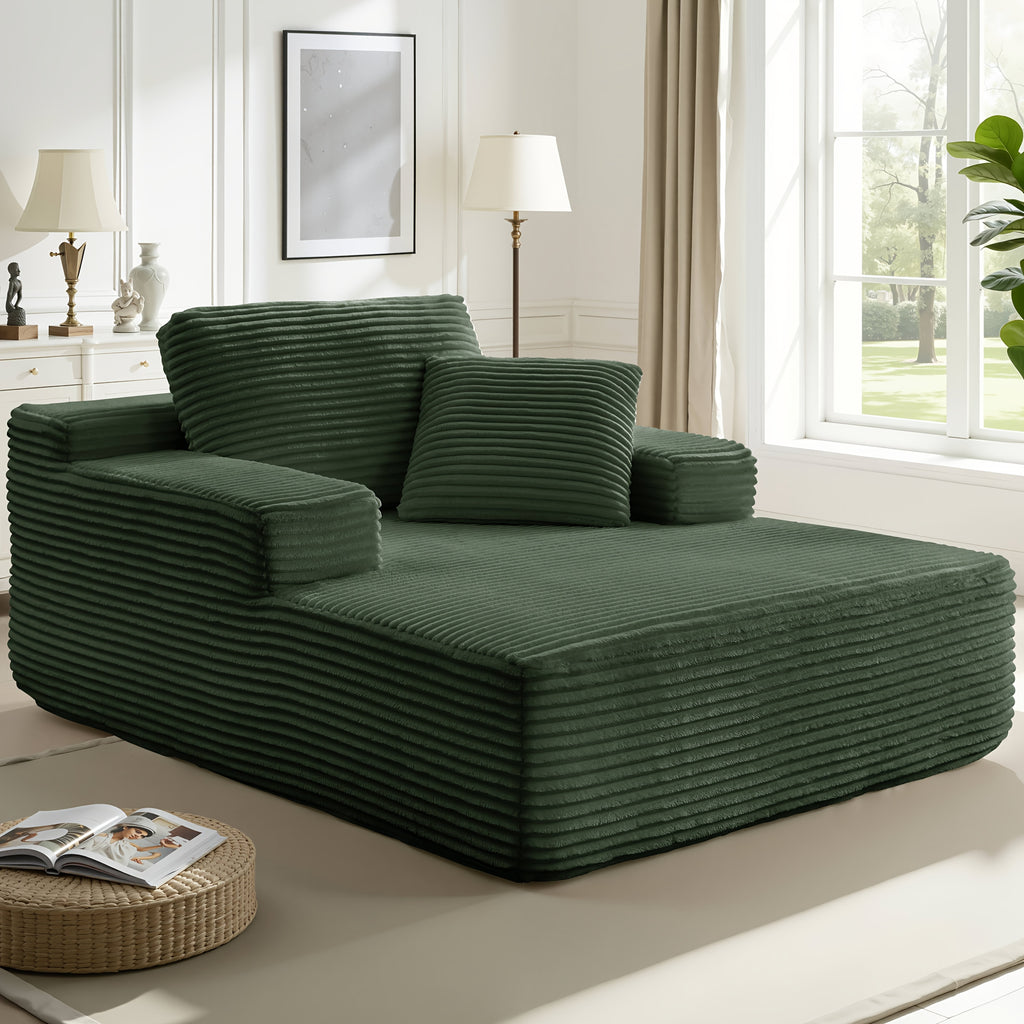 51-Inch Oversized Boneless Lounge Chaise Recliner - Corduroy Sofa with Pillows And Armrests | Deep-Seat with High-Density Foam Cushion | Living Room/Apartment/Bedroom U-Shaped Folding Sofa Bed | No Assembly Required | Beige/Black/Green/Orange