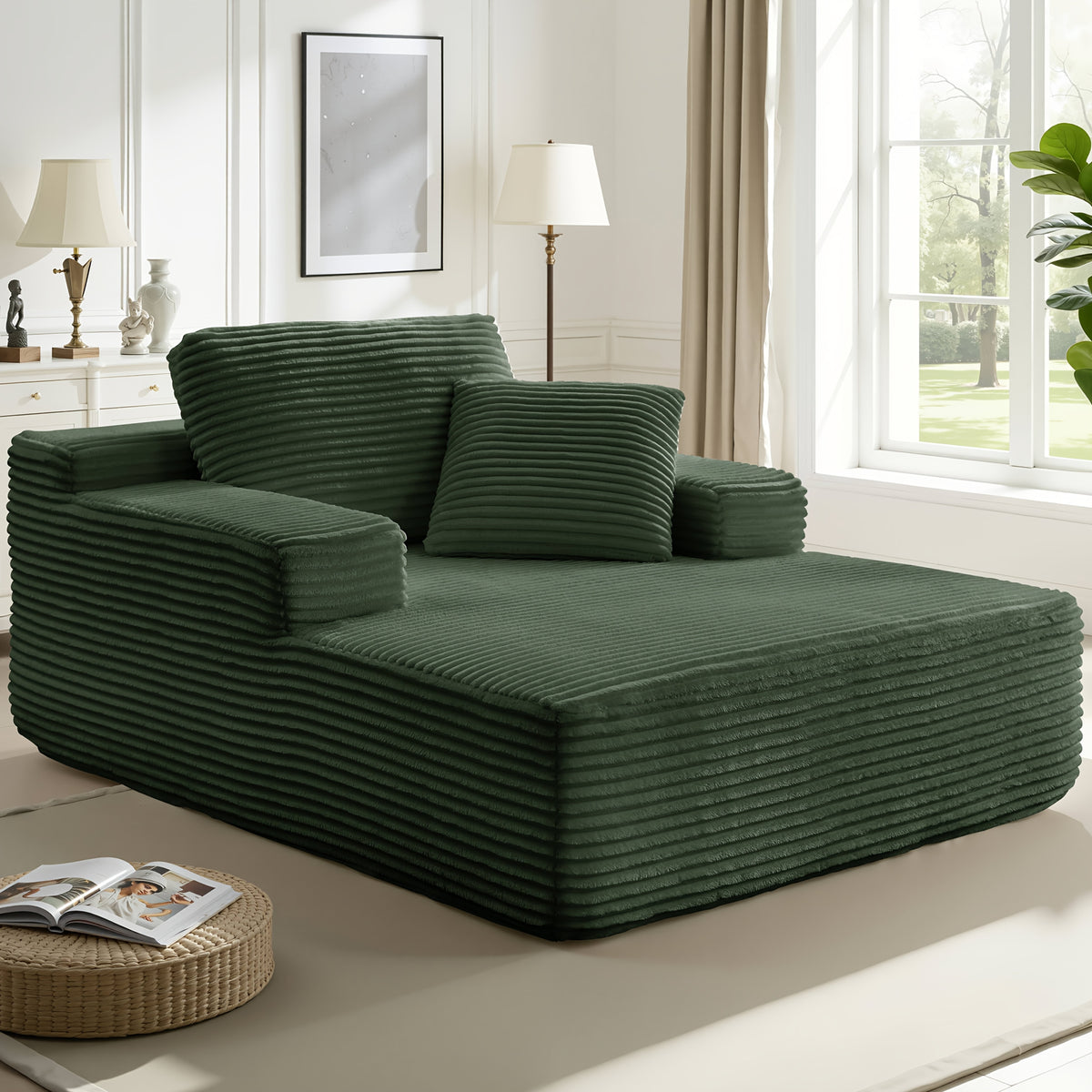 51-Inch Oversized Boneless Lounge Chaise Recliner - Corduroy Sofa with Pillows And Armrests | Deep-Seat with High-Density Foam Cushion | Living Room/Apartment/Bedroom U-Shaped Folding Sofa Bed | No Assembly Required | Beige/Black/Green/Orange